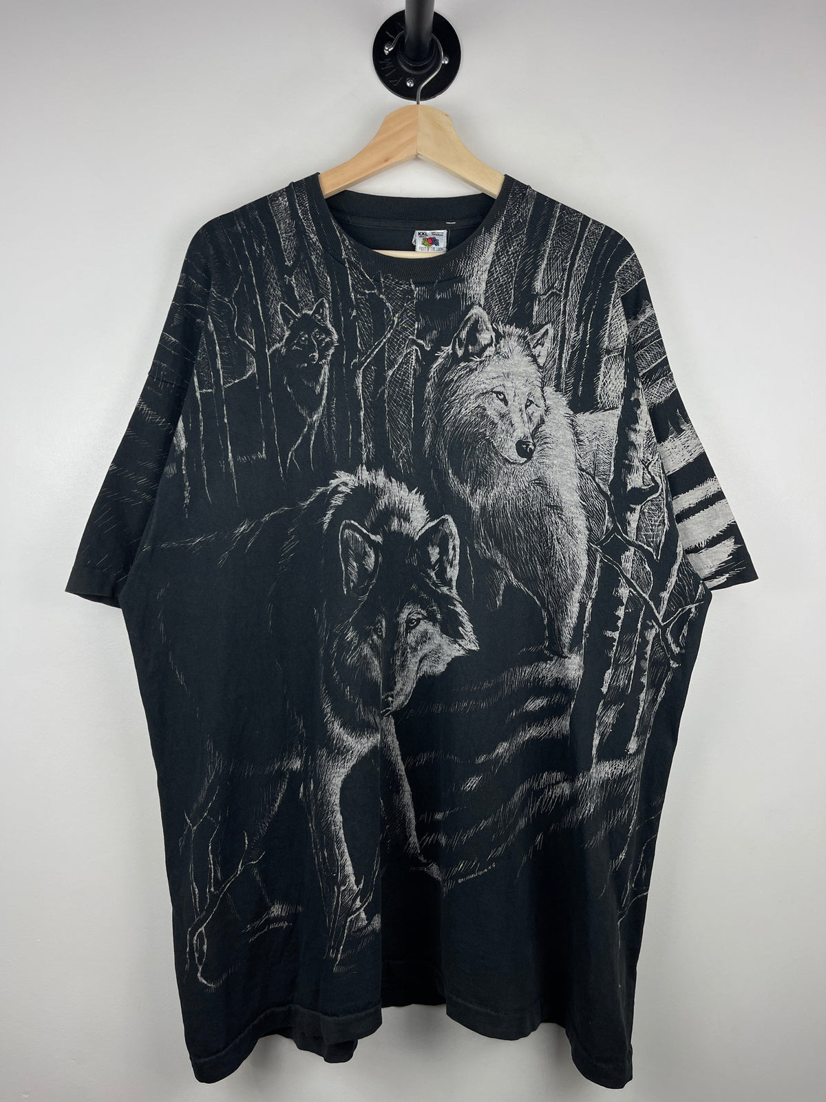 Vintage 90s Wolf Wilderness All Over Print Black Tee