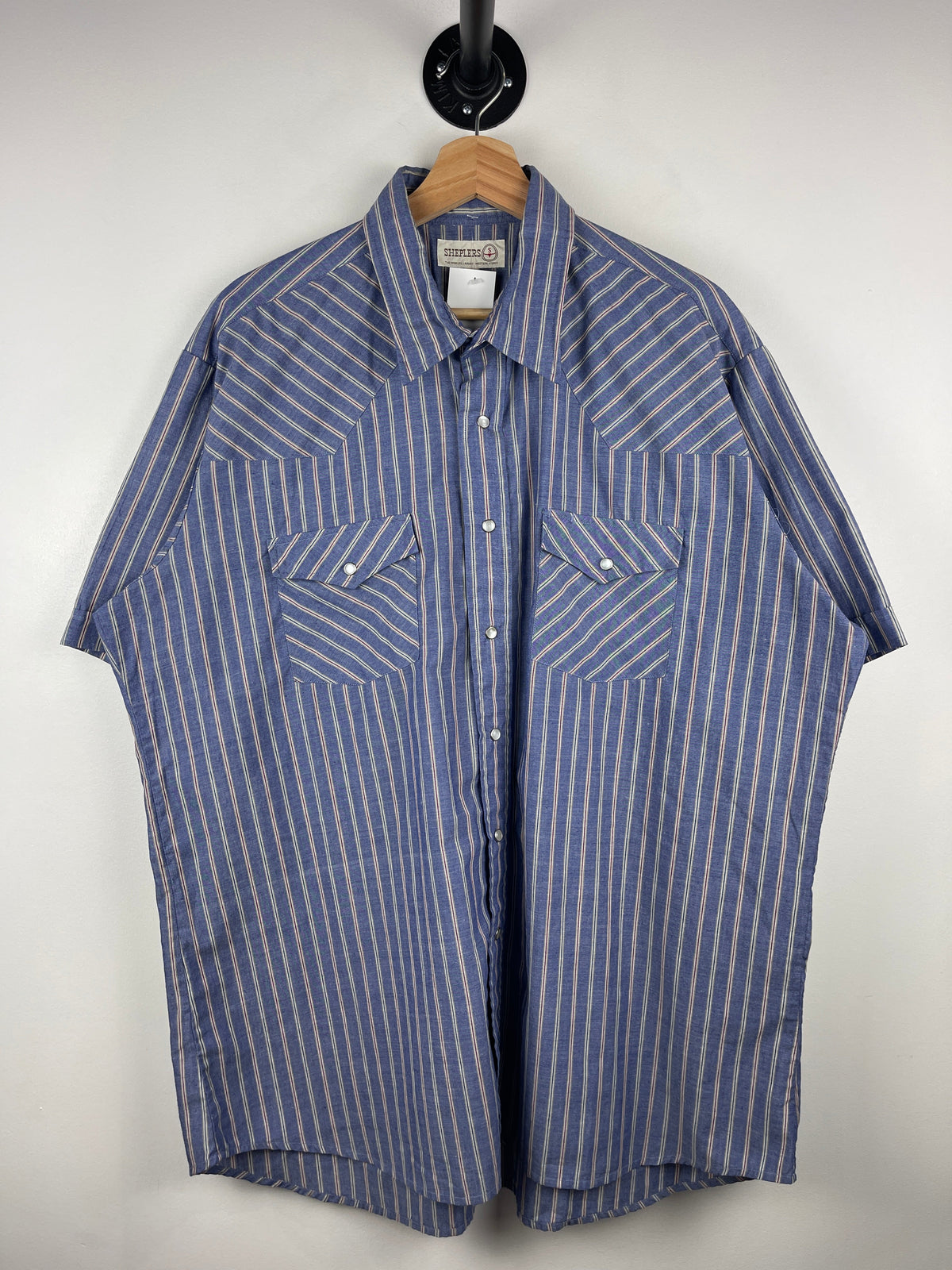 Vintage 90s Sheplers Pearl Snap Striped Blue Short Sleeve Button Up Shirt