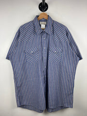 Vintage 90s Sheplers Pearl Snap Striped Blue Short Sleeve Button Up Shirt