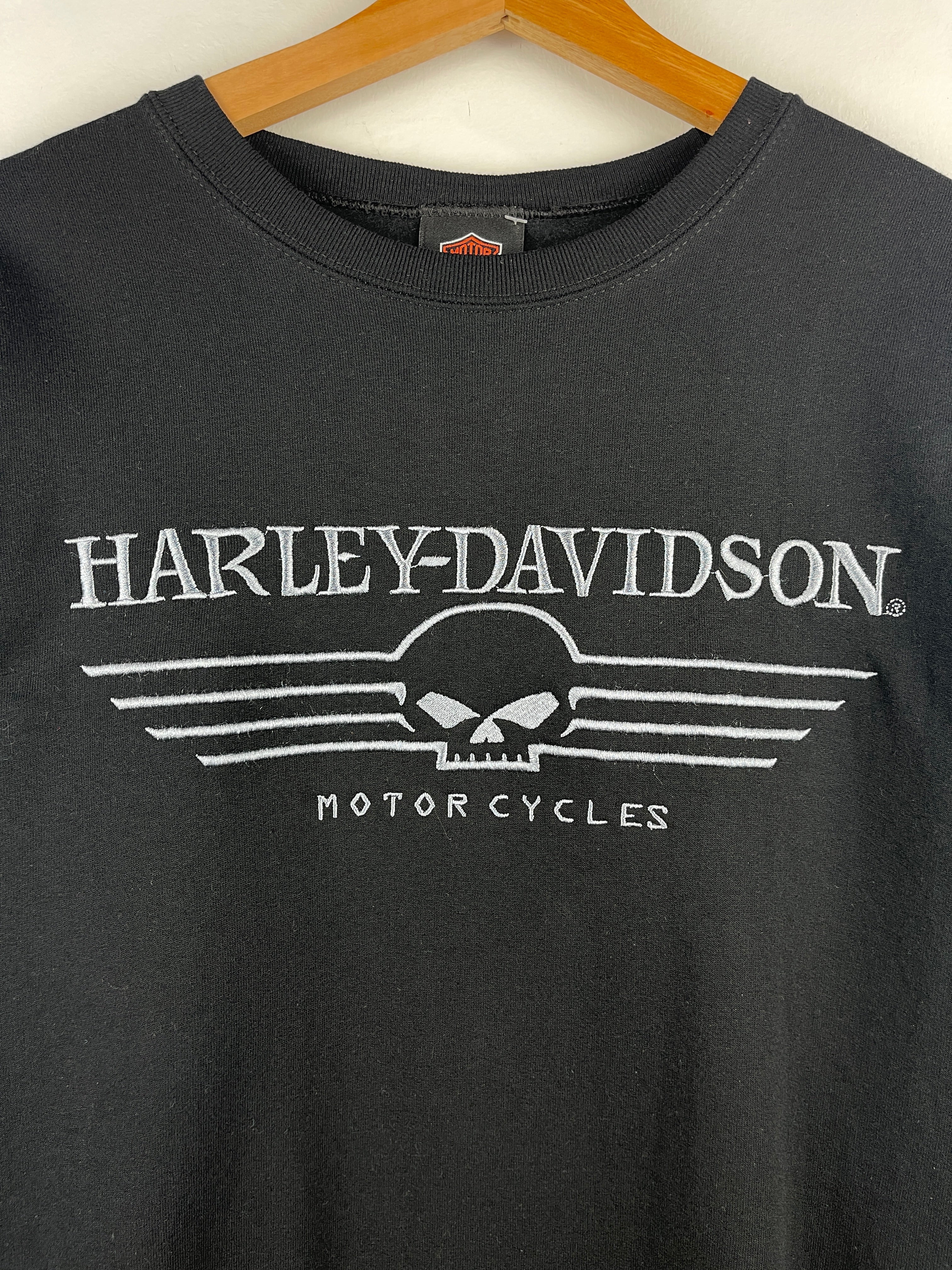 Vintage Harley Davidson Motorcycles Skull Embroidered Black Crewneck
