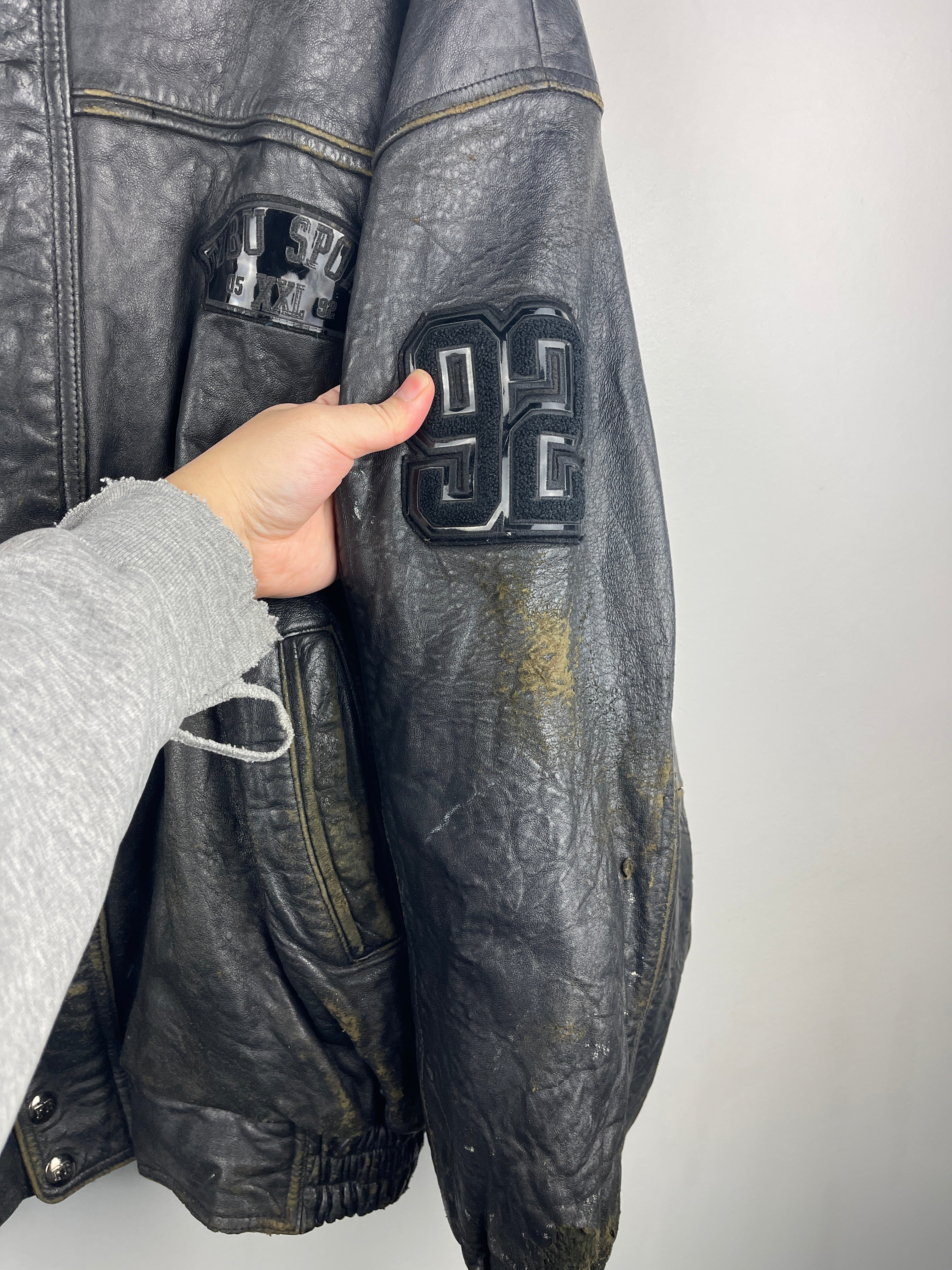 Vintage Fubu Sports Faded Black Leather Bomber Jacket