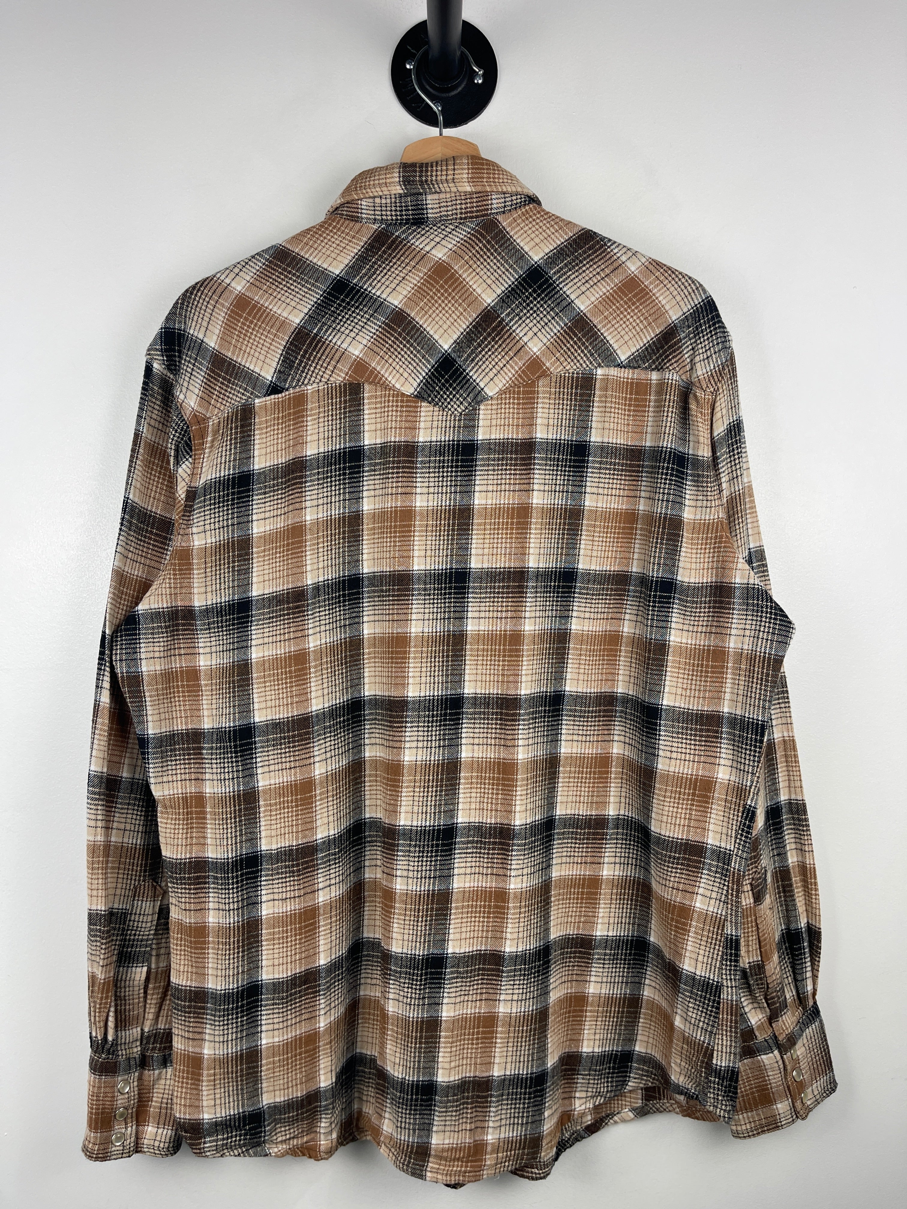 Vintage 90s Wrangler Western Pearl Snap Plaid Brown & White Button Up Flannel Long Sleeve Shirt