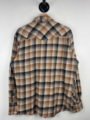 Vintage 90s Wrangler Western Pearl Snap Plaid Brown & White Button Up Flannel Long Sleeve Shirt