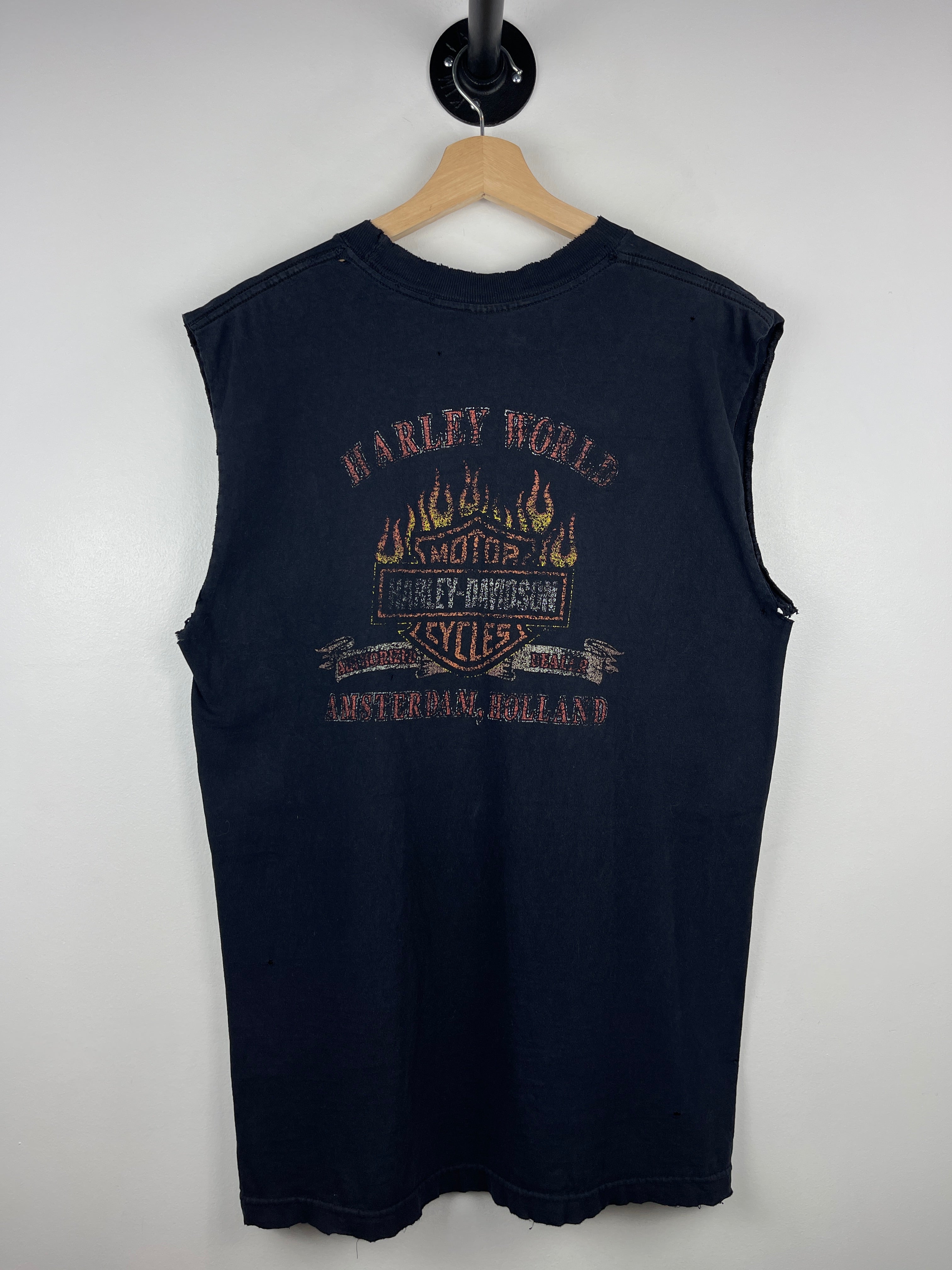 Vintage Harley Davidson Flame Amsterdam Holland Thrashed Black Cut Off Tank Top