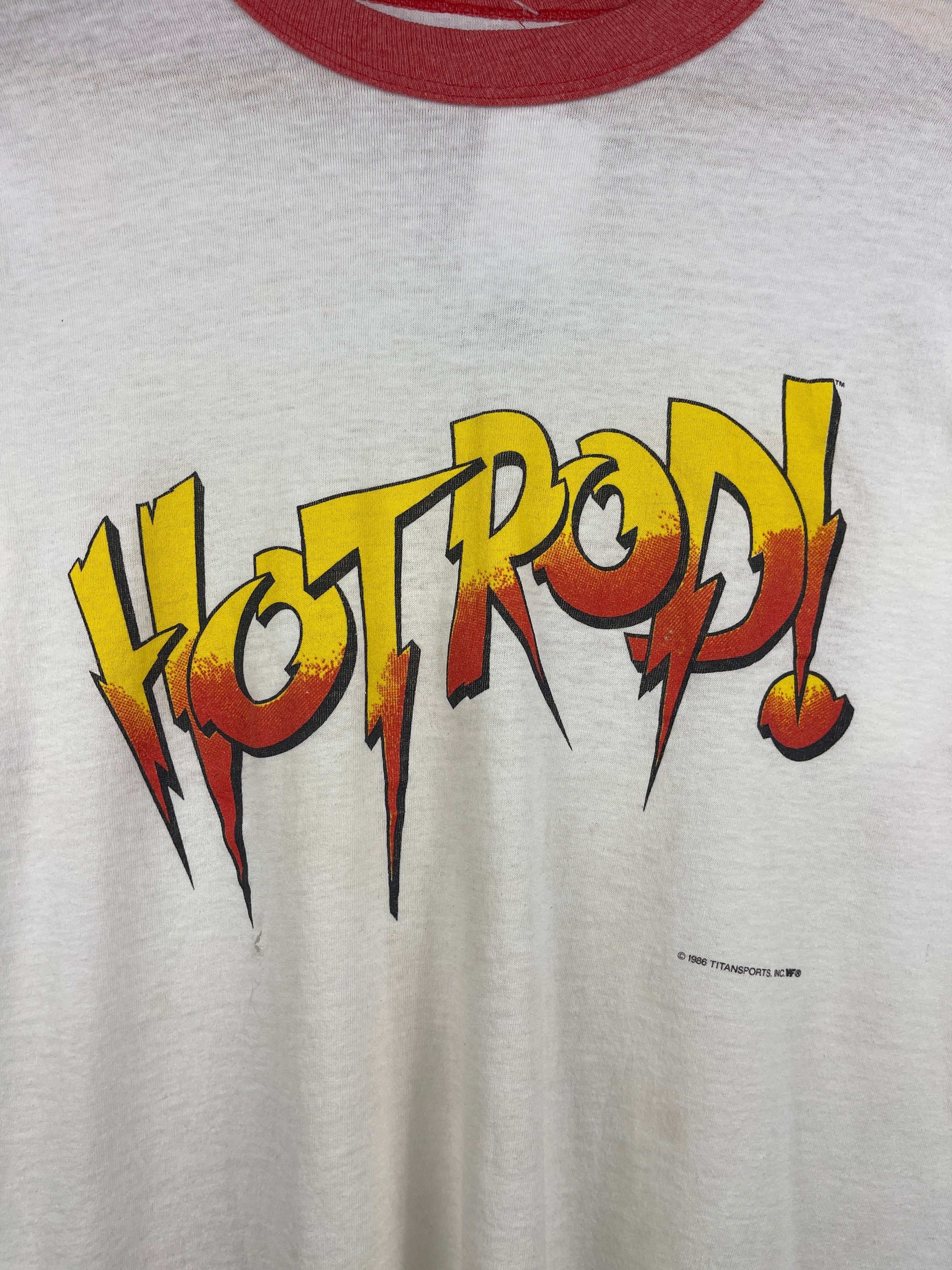 Vintage 90s WWF Rowdy Roddy Piper Hot Rod White Ringer Tee