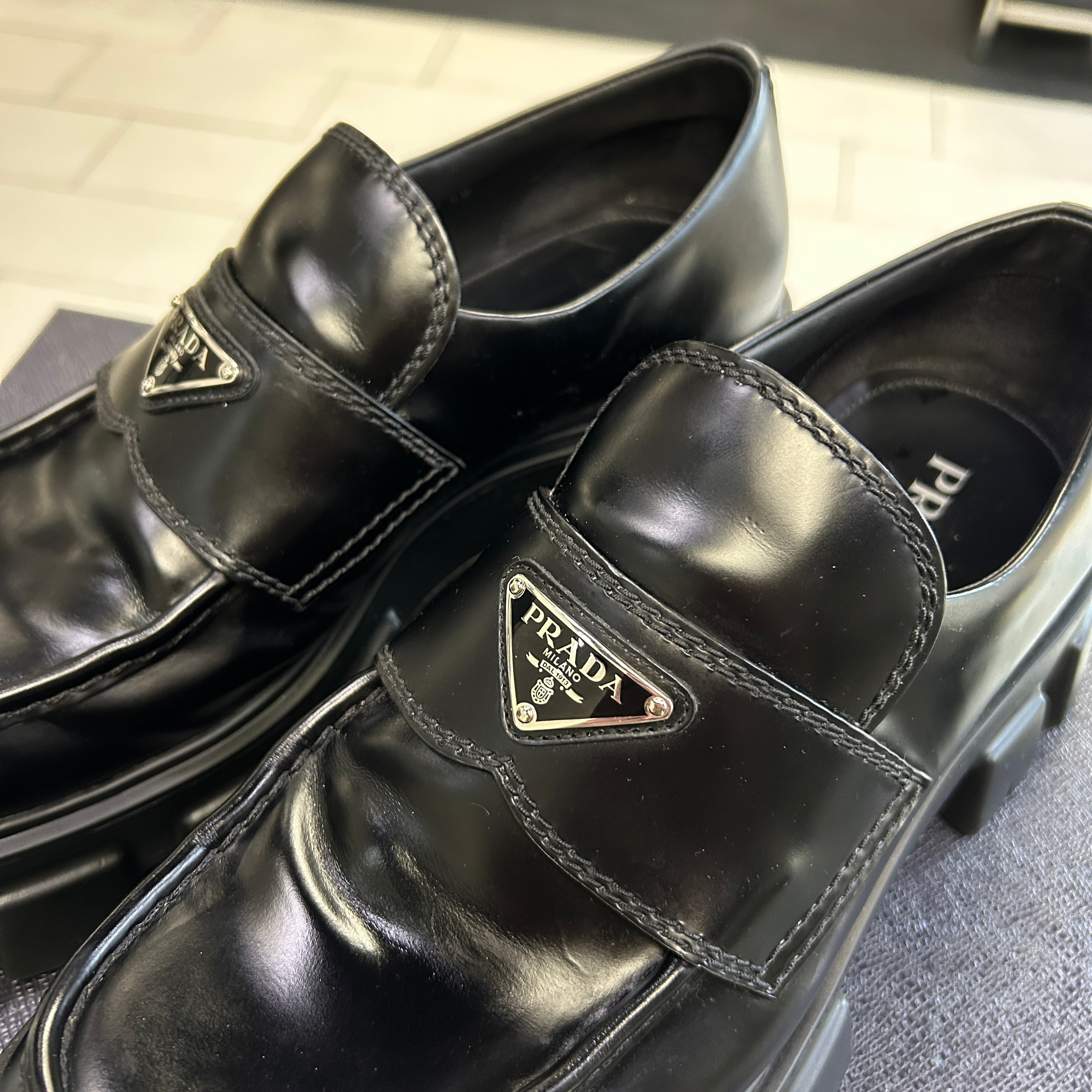 Prada Monolith Brushed Leather Black Loafers