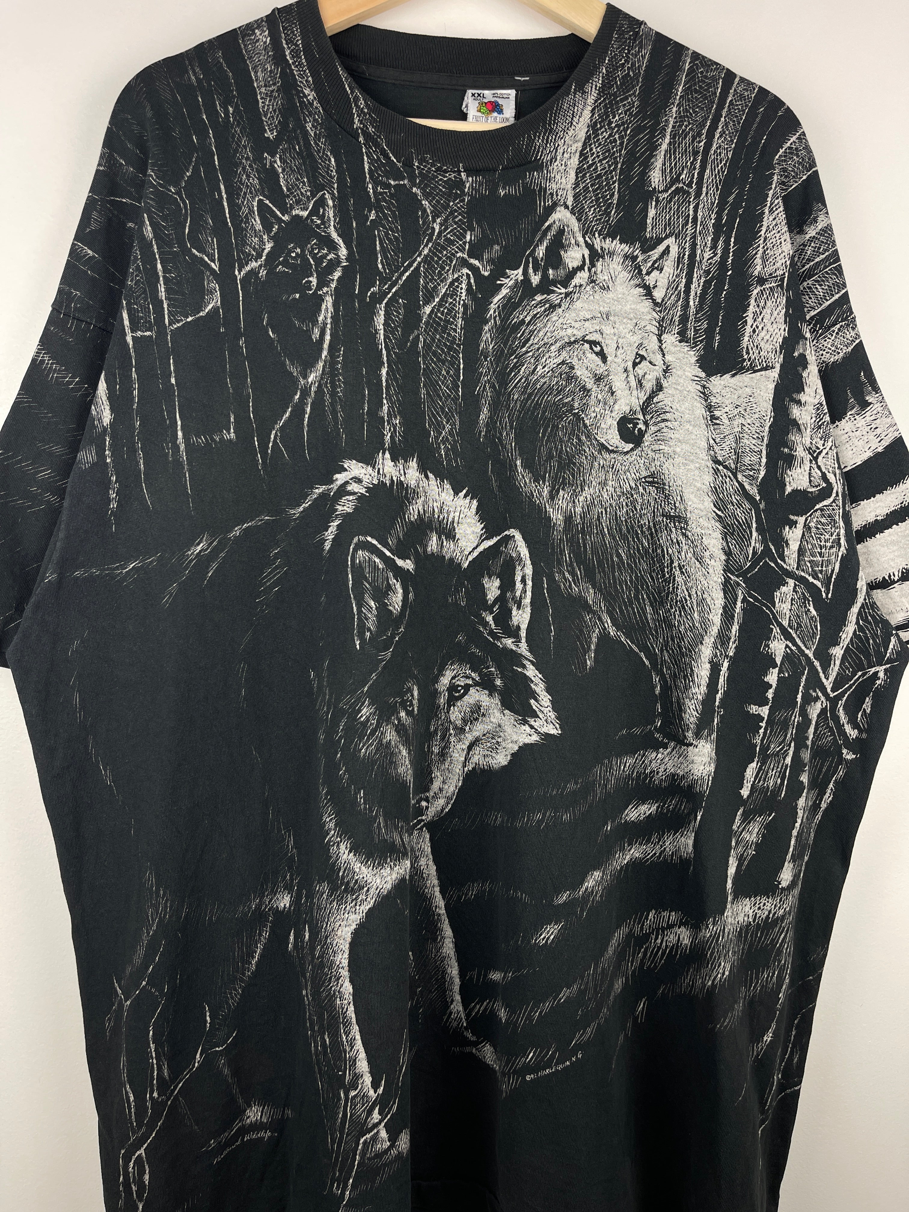 Vintage 90s Wolf Wilderness All Over Print Black Tee