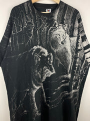 Vintage 90s Wolf Wilderness All Over Print Black Tee
