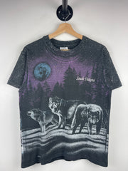 Vintage 90s South Dakota Wolf Nature All Over Print Black Tee