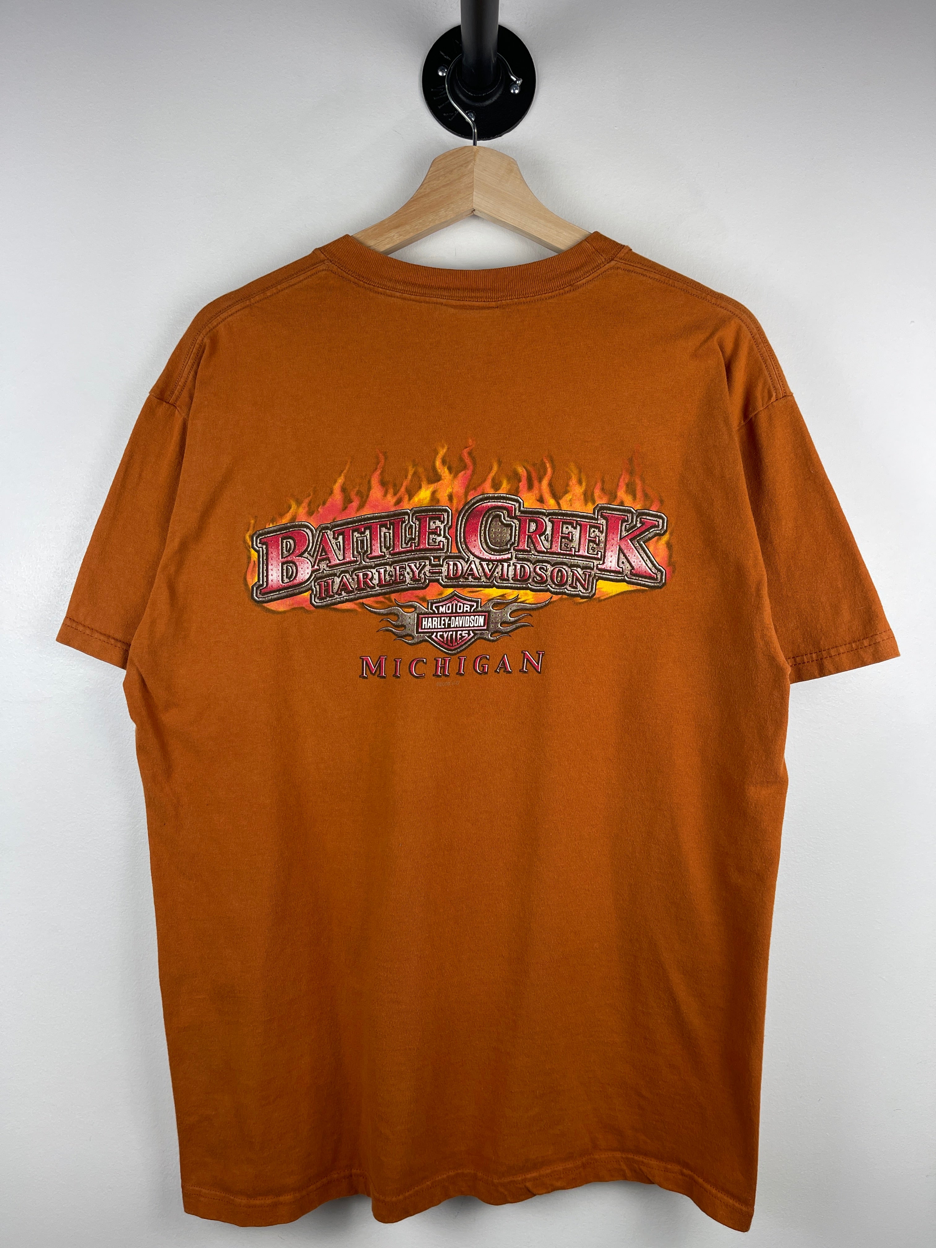 Vintage Harley Davidson Skull Flames Michigan Orange Tee