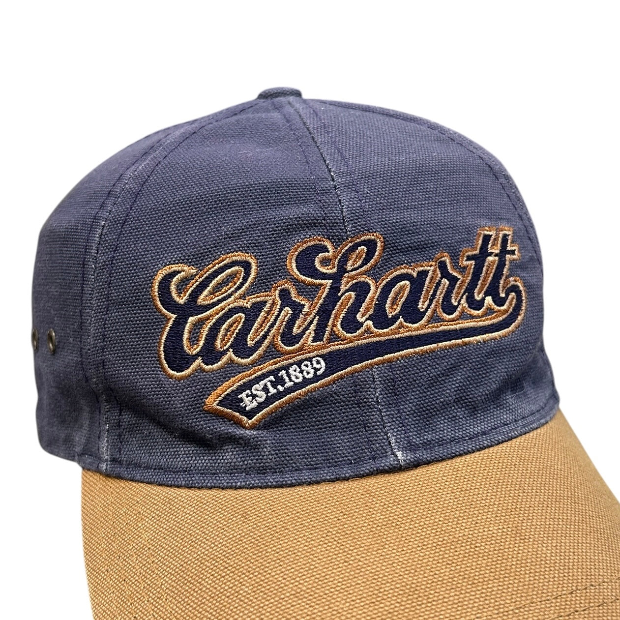 Vintage Carhartt Script Navy Leather Strapback Hat