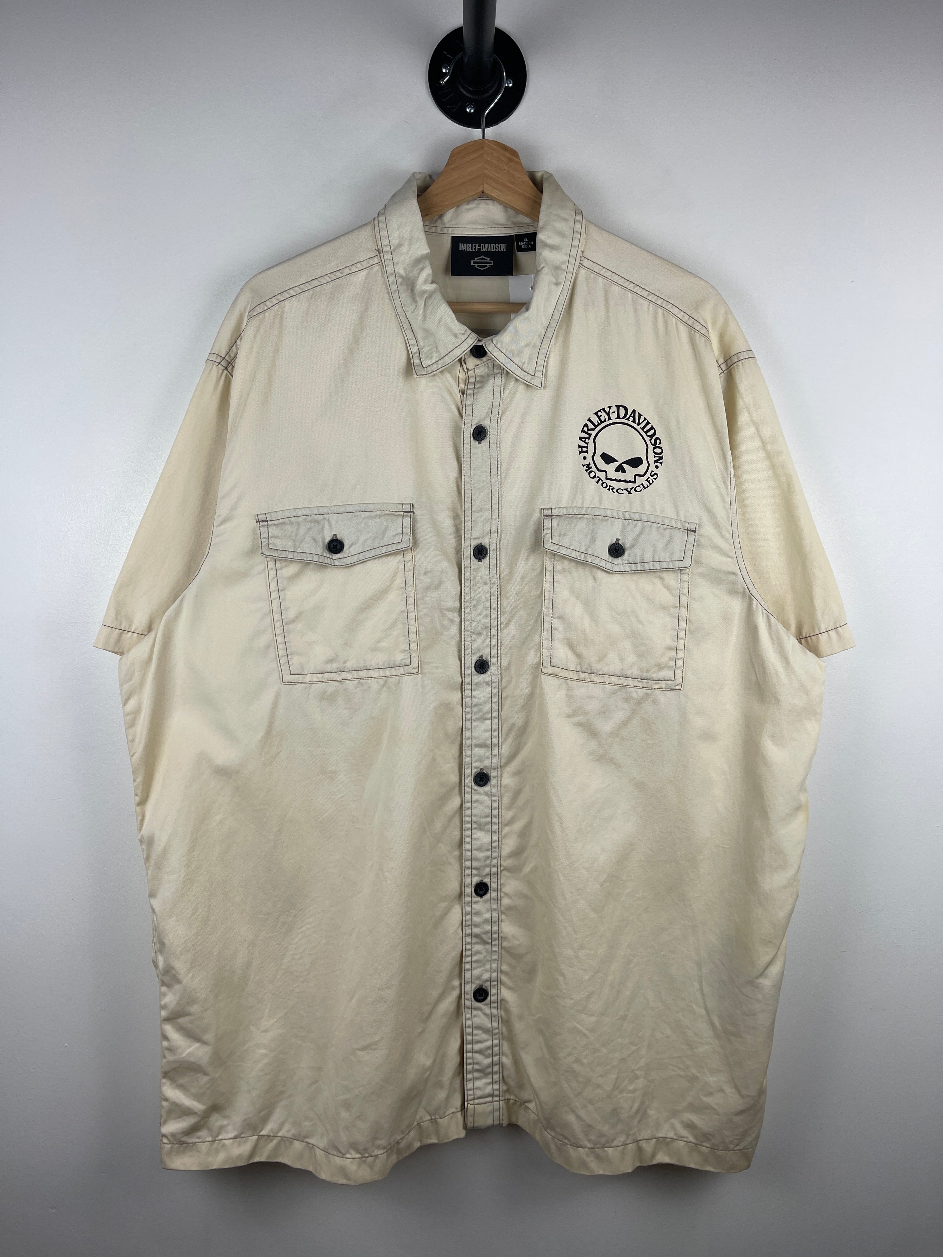 Vintage Harley Davidson Skull Cream Short Sleeve Button Up Shirt