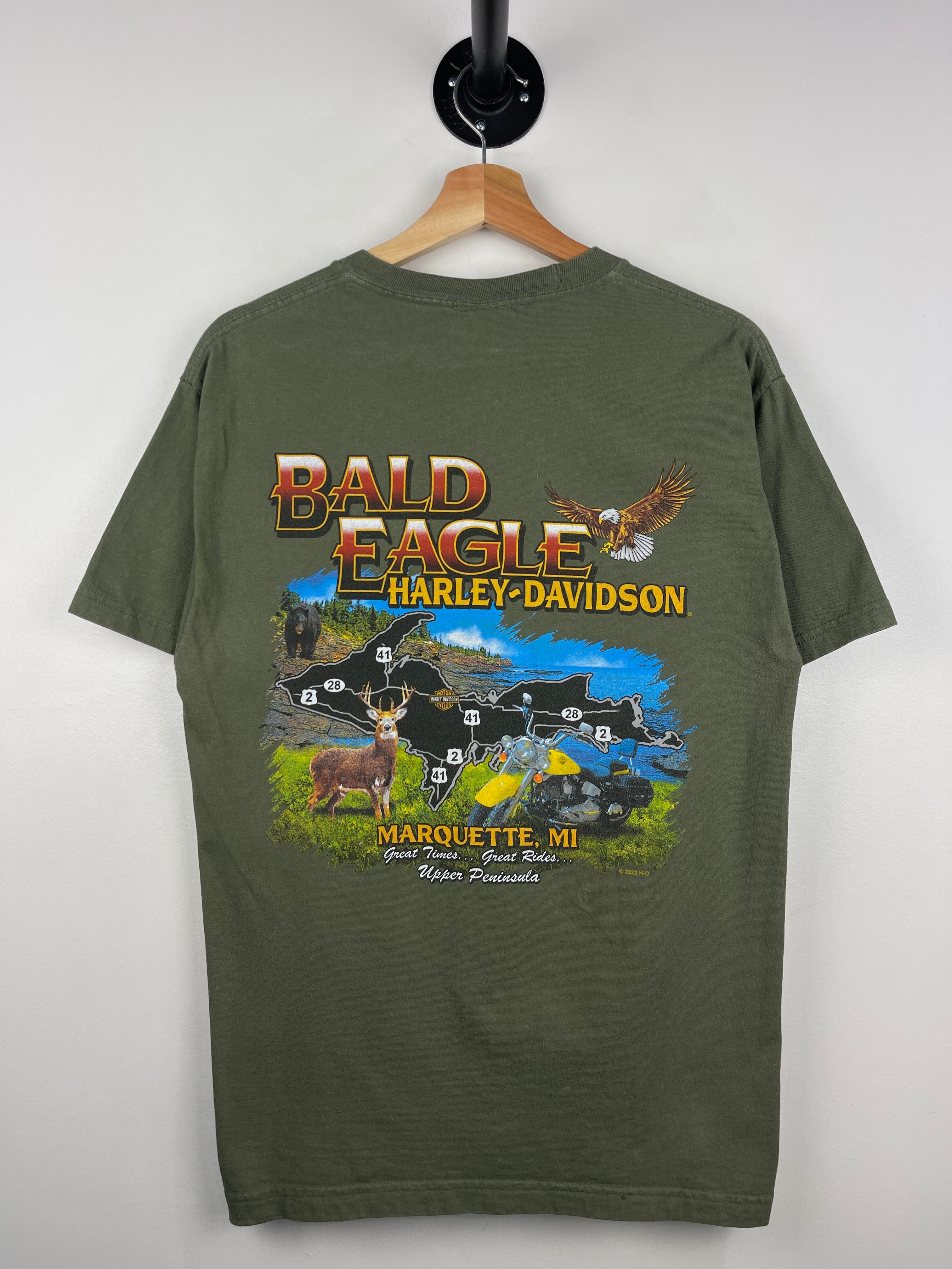 Vintage Harley Davidson Bald Eagle Marquette Michigan Green Tee